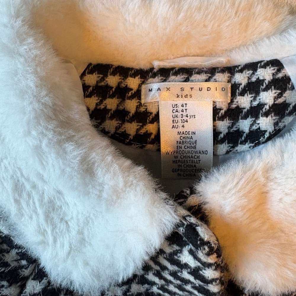 Max Studio Kids Houndstooth Pea Coat with Faux Fur, Sz 4T. Black White - Picture 2 of 3